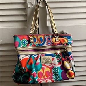 Coach Bag Purse Gold Glitter Purple Silk Interior